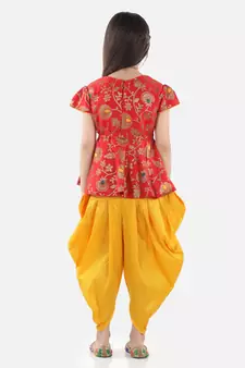 BownBee Girls Jacquard Half Sleeve Peplum WithSilk Blend Dhoti- Red