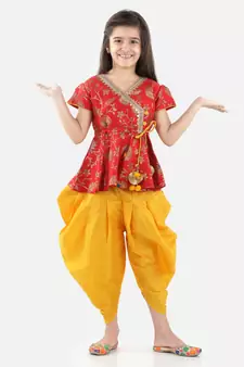 BownBee Girls Jacquard Half Sleeve Peplum WithSilk Blend Dhoti- Red
