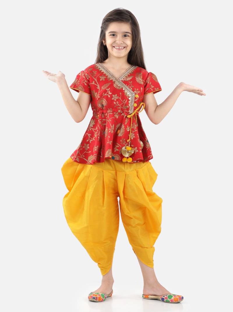 BownBee Girls Jacquard Half Sleeve Peplum WithSilk Blend Dhoti- Red