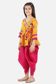 BownBee Girls Jacquard 3/4th Sleeve Peplum WithSilk Blend Dhoti- Yellow