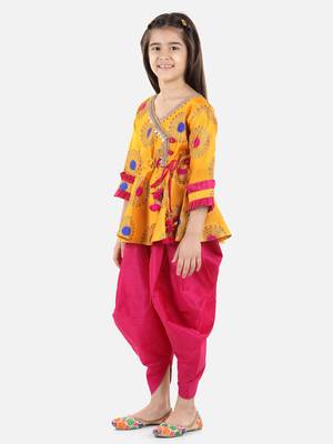BownBee Girls Jacquard 3/4th Sleeve Peplum WithSilk Blend Dhoti- Yellow 1