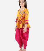 BownBee Girls Jacquard 3/4th Sleeve Peplum WithSilk Blend Dhoti- Yellow