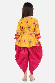 BownBee Girls Jacquard 3/4th Sleeve Peplum WithSilk Blend Dhoti- Yellow