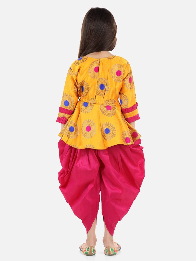 BownBee Girls Jacquard 3/4th Sleeve Peplum WithSilk Blend Dhoti- Yellow