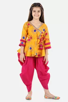BownBee Girls Jacquard 3/4th Sleeve Peplum WithSilk Blend Dhoti- Yellow