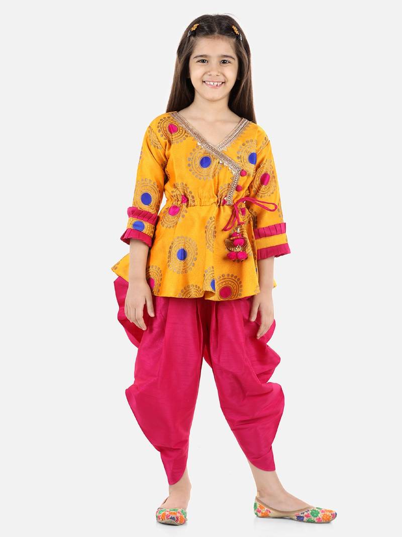 BownBee Girls Jacquard 3/4th Sleeve Peplum WithSilk Blend Dhoti- Yellow