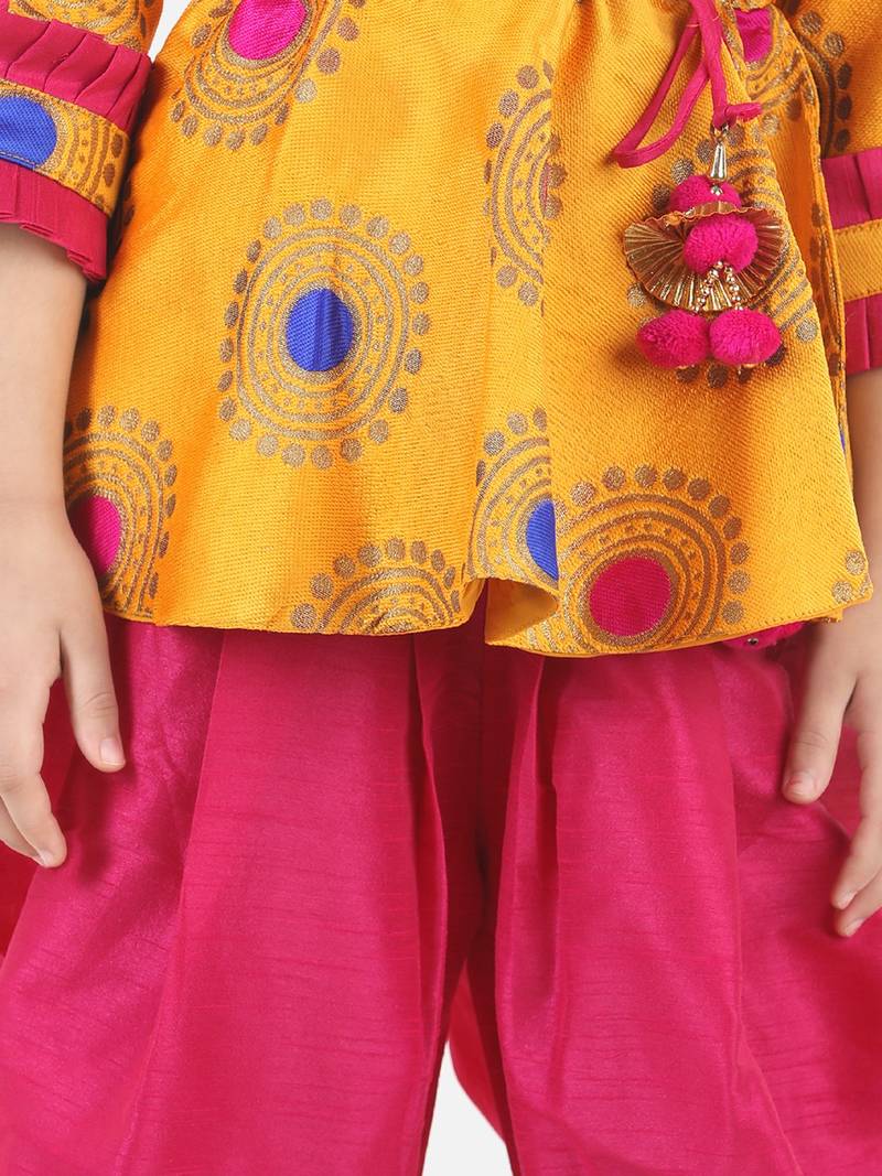 BownBee Girls Jacquard 3/4th Sleeve Peplum WithSilk Blend Dhoti- Yellow