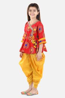 BownBee Girls Jacquard 3/4th Sleeve Peplum WithSilk Blend Dhoti- Red