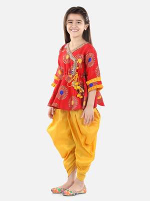 BownBee Girls Jacquard 3/4th Sleeve Peplum WithSilk Blend Dhoti- Red 1