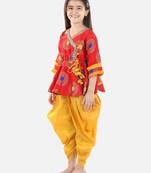 BownBee Girls Jacquard 3/4th Sleeve Peplum WithSilk Blend Dhoti- Red