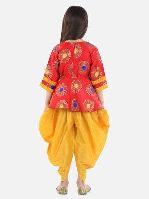 BownBee Girls Jacquard 3/4th Sleeve Peplum WithSilk Blend Dhoti- Red 2