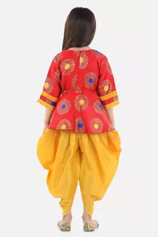 BownBee Girls Jacquard 3/4th Sleeve Peplum WithSilk Blend Dhoti- Red
