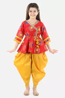 BownBee Girls Jacquard 3/4th Sleeve Peplum WithSilk Blend Dhoti- Red