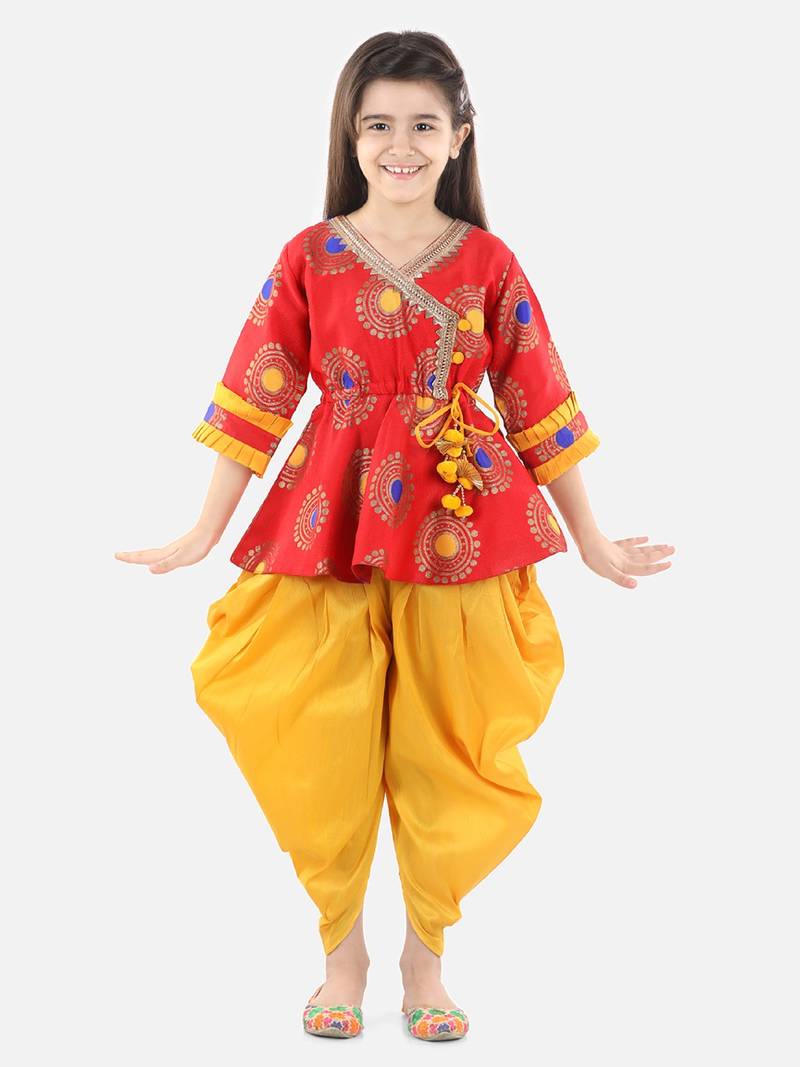 BownBee Girls Jacquard 3/4th Sleeve Peplum WithSilk Blend Dhoti- Red