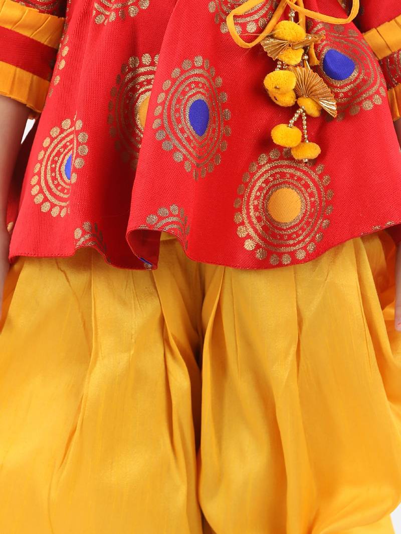 BownBee Girls Jacquard 3/4th Sleeve Peplum WithSilk Blend Dhoti- Red