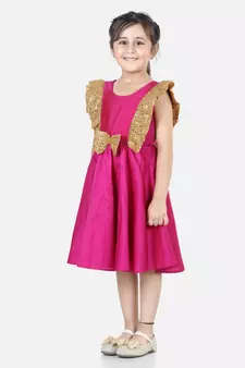 BownBee Sequin Frill Silk Blend Party Frock- Pink