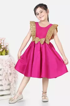 BownBee Sequin Frill Silk Blend Party Frock- Pink