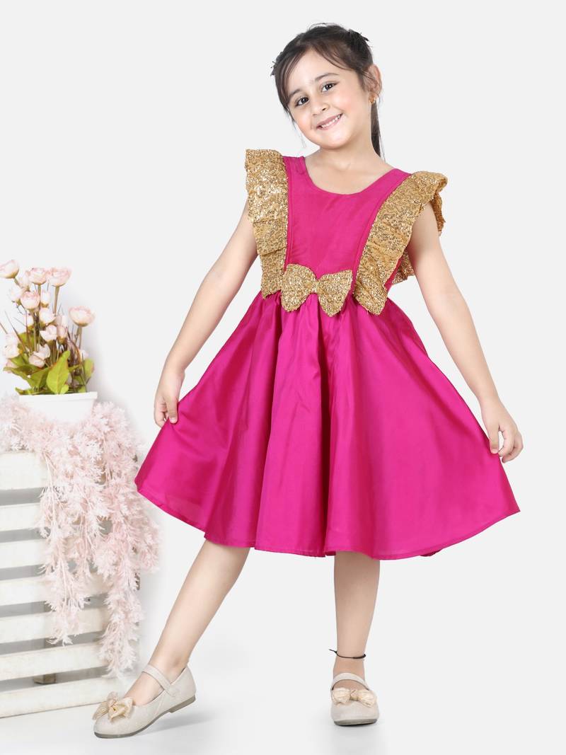 BownBee Sequin Frill Silk Blend Party Frock- Pink