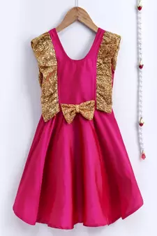 BownBee Sequin Frill Silk Blend Party Frock- Pink