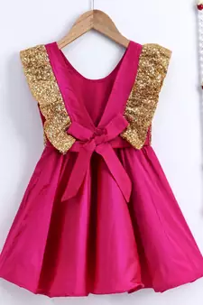 BownBee Sequin Frill Silk Blend Party Frock- Pink