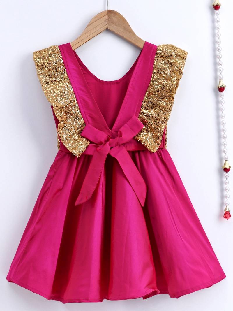 BownBee Sequin Frill Silk Blend Party Frock- Pink