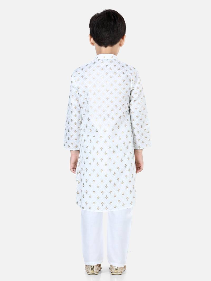 BownBee BoysFoil Print Full Sleeve Cotton Kurta Pajama- White
