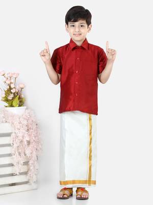 BownBee South Indian Mundu Dhoti with Half SleeveSilk Blend Shirt - Red 1