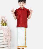 BownBee South Indian Mundu Dhoti with Half SleeveSilk Blend Shirt - Red