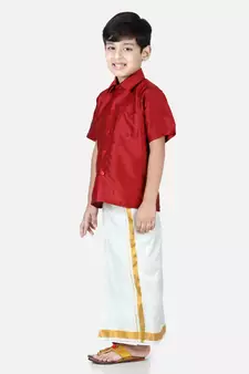 BownBee South Indian Mundu Dhoti with Half SleeveSilk Blend Shirt - Red