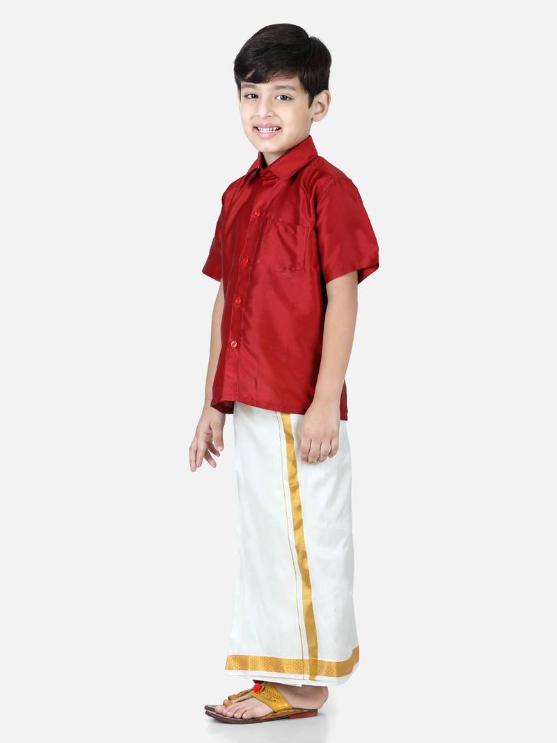 BownBee South Indian Mundu Dhoti with Half SleeveSilk Blend Shirt - Red