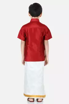 BownBee South Indian Mundu Dhoti with Half SleeveSilk Blend Shirt - Red