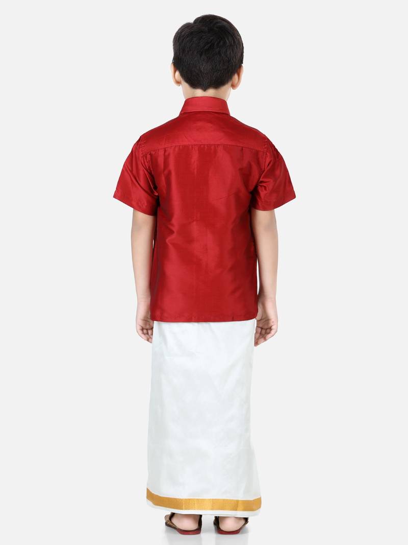 BownBee South Indian Mundu Dhoti with Half SleeveSilk Blend Shirt - Red