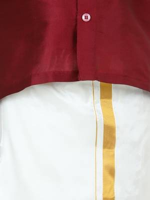 BownBee South Indian Mundu Dhoti with Half SleeveSilk Blend Shirt - Maroon 2