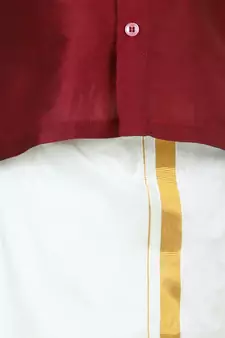 BownBee South Indian Mundu Dhoti with Half SleeveSilk Blend Shirt - Maroon