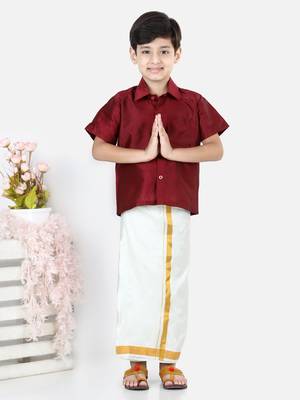 BownBee South Indian Mundu Dhoti with Half SleeveSilk Blend Shirt - Maroon 1