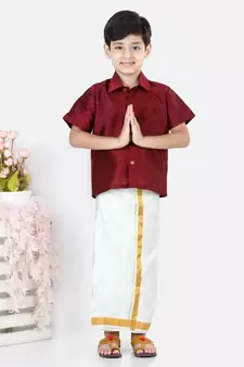 BownBee South Indian Mundu Dhoti with Half SleeveSilk Blend Shirt - Maroon