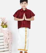 BownBee South Indian Mundu Dhoti with Half SleeveSilk Blend Shirt - Maroon
