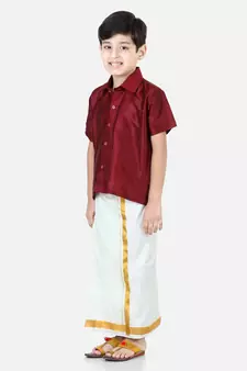 BownBee South Indian Mundu Dhoti with Half SleeveSilk Blend Shirt - Maroon