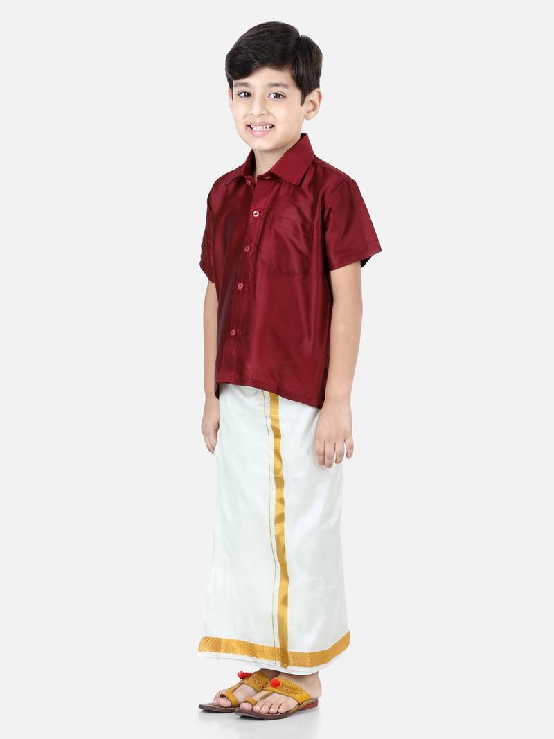 BownBee South Indian Mundu Dhoti with Half SleeveSilk Blend Shirt - Maroon