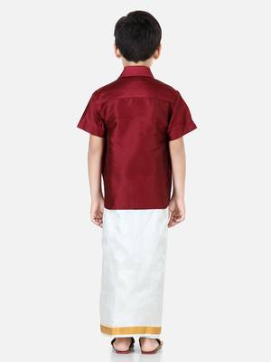 BownBee South Indian Mundu Dhoti with Half SleeveSilk Blend Shirt - Maroon 4