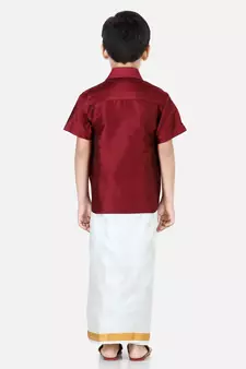 BownBee South Indian Mundu Dhoti with Half SleeveSilk Blend Shirt - Maroon