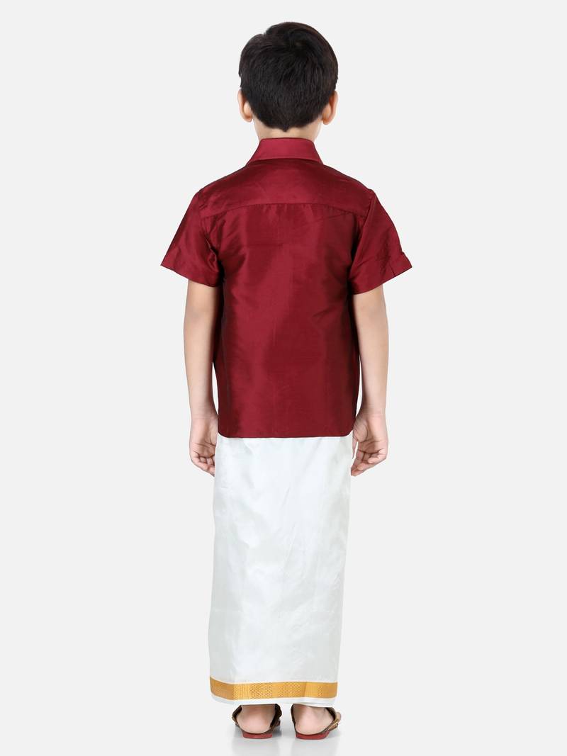 BownBee South Indian Mundu Dhoti with Half SleeveSilk Blend Shirt - Maroon