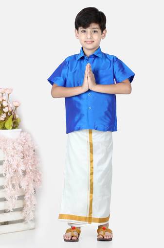 BownBee South Indian Mundu Dhoti with Half SleeveSilk Blend Shirt - Blue
