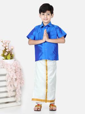 BownBee South Indian Mundu Dhoti with Half SleeveSilk Blend Shirt - Blue 1