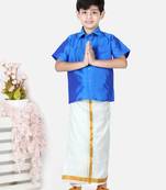 BownBee South Indian Mundu Dhoti with Half SleeveSilk Blend Shirt - Blue