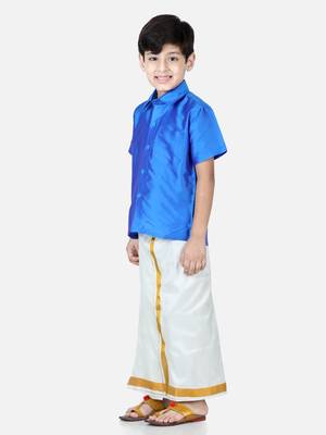 BownBee South Indian Mundu Dhoti with Half SleeveSilk Blend Shirt - Blue 3