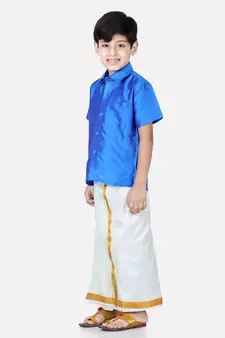 BownBee South Indian Mundu Dhoti with Half SleeveSilk Blend Shirt - Blue