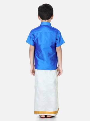 BownBee South Indian Mundu Dhoti with Half SleeveSilk Blend Shirt - Blue 4
