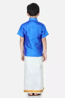 BownBee South Indian Mundu Dhoti with Half SleeveSilk Blend Shirt - Blue