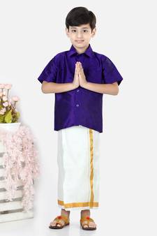 BownBee South Indian Mundu Dhoti with Half SleeveSilk Blend Shirt - Purple